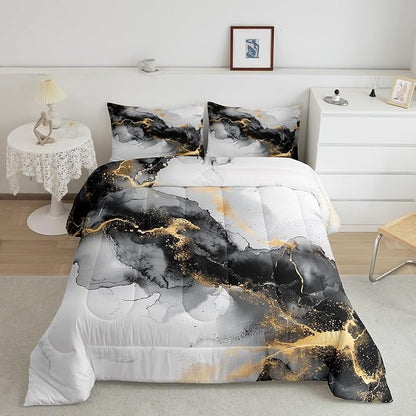 Black and Gold Bedding Comforter Sets 7 Pieces Watercolor Marble Bed in a Bag, Abstract Marbling Twin Bedding Sets Stone Pattern Comforter Set, Mountain Fluid Foil Print Bedding Sets & Collections