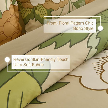 DJY Floral Comforter Set Queen Size Boho Bed in a Bag 7 Pieces Yellow Botanical Pattern Comforter with Sheet Set, Soft Microfiber Farmhouse Bedding Set for All Season (90''x90'')