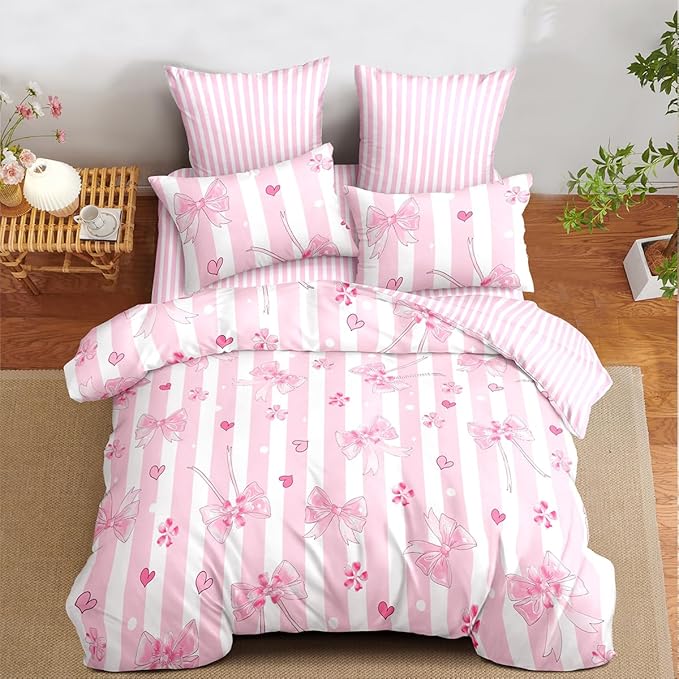 Pink Bow Comforter Set Queen Pink White Striped Bedding Set Girls Coquette Bedding Soft Lightweight Princess Style Comforter with 2 Pillowcases