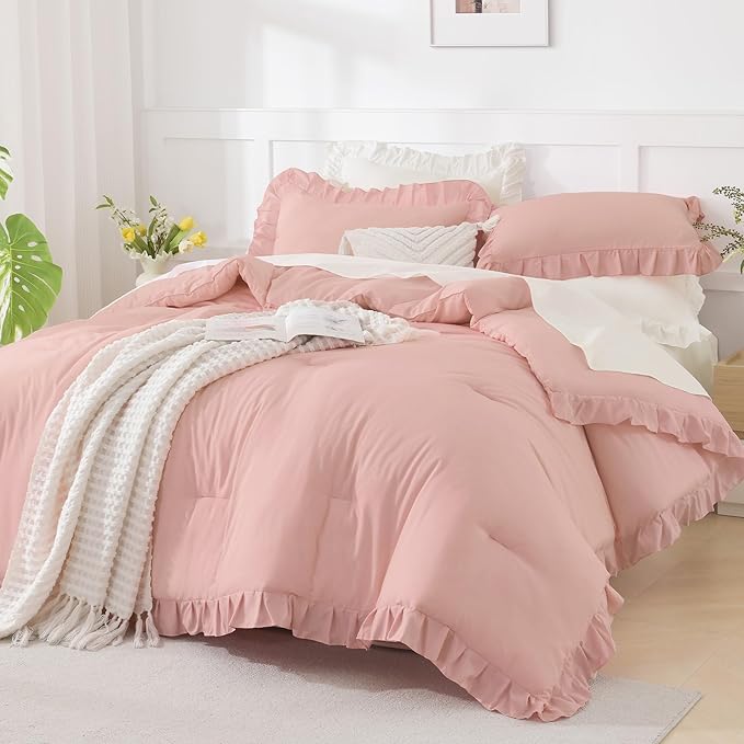 Andency Blush Pink Ruffle Comforter King, 3 Pieces All Season Farmhouse Shabby Chic Comforter, Vintage Rustic Soft Microfiber Down Alternative Bedding Comforter Set