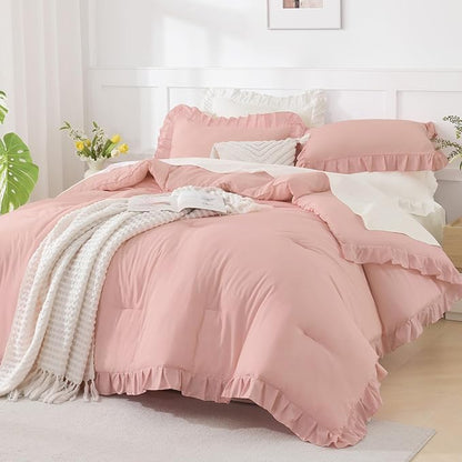 Andency Blush Ruffle Comforter Twin XL(68x92Inch), 2 Pieces(1 Ruffled Comforter and 1 Pillowcase) Solid Farmhouse Shabby Chic Bed, Vintage Rustic Soft Microfiber Bedding Set