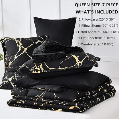 Yogeneg Gold Metallic Marble Comforter Set Queen Size,7 Piece Bed in a Bag,Foil Print Glitter Black Comforter and Sheet Set,All Season Soft Microfiber Complete Bedding Sets(Black,Queen)