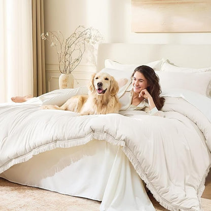 Andency Oversized King Size Comforter Set Beige 128x120, 3 Pieces Boho Soft Lightweight Bedding Comforter Sets, Tassel All Season Bed Set (1 Comforter & 2 Pillowcases)