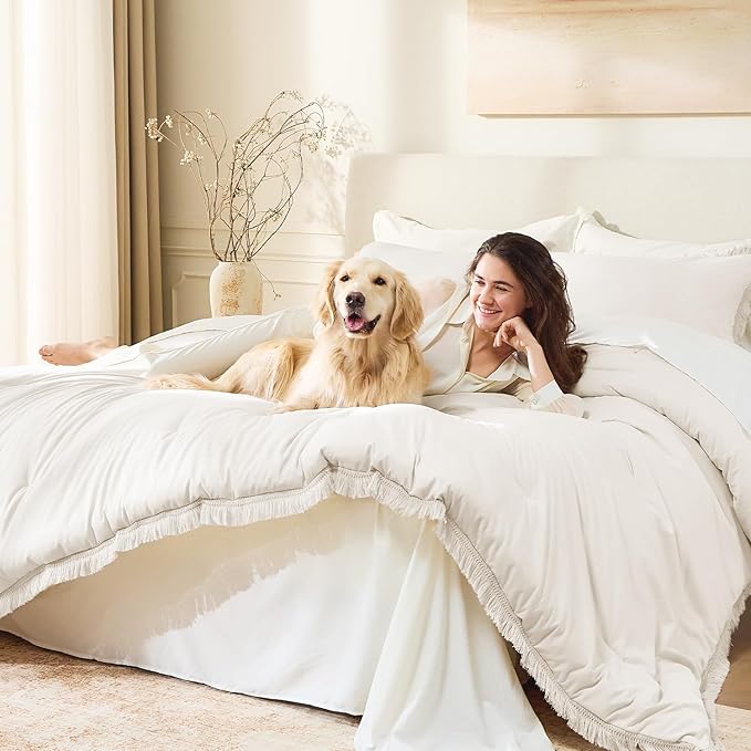 Andency Comforter Set Oversized King Beige 120x120, 3 Pieces Boho Fall Tassel Lightweight Bedding Comforter Sets, All Season Soft Bed Set (1 Comforter & 2 Pillowcases)