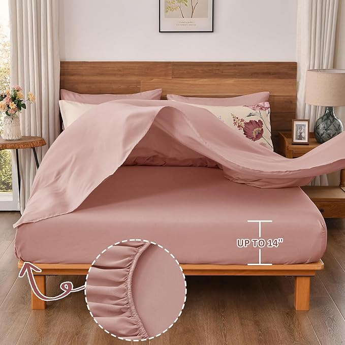 DJY 7 Pieces King Floral Comforter Set, Cream & Blush Botanical Bed in a Bag, Soft Microfiber Comforter and Sheet Set with Flower Leaves Pattern, Floral Bedding Set for All Season(104''x90'')