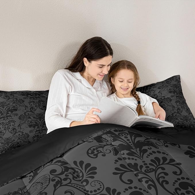 Erosebridal Gothic Damask Bed in a Bag Queen Comforter Set 7 Piece,Exotic Moth Bedding Sets Black Grey Victorian Floral Goth Sheet Set with Comforter
