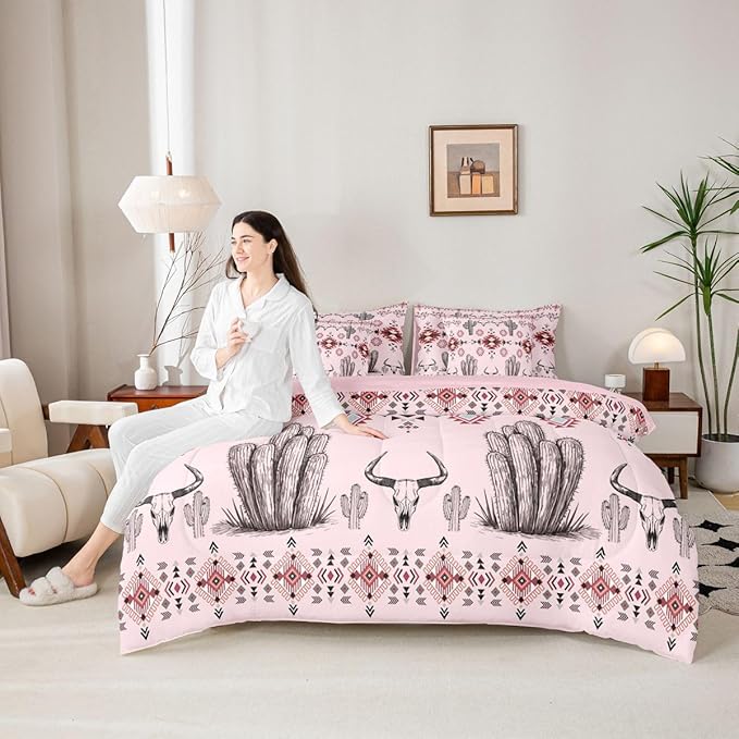 Erosebridal Pink Southwestern Queen Comforter Set with Sheets 7 Piece Western Aztec Bed in A Bag Country Geometric Vintage Bedding Sets for Men Adults Rustic Cactus Bull Skull Boho Tribal Bed Set