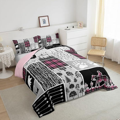Erosebridal Western Comforter Set Queen,Bear Horse Cowboy Bedding Set,Pink Geometric Buffalo Grid Quilt,Rustic Famrhouse Duvet Insert Dream Catcher Arrow Decor 3Pcs for Kids Boys Teens Bedroom