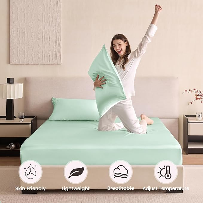 THXSILK 6A+ Top Grade 100% Pure Mulberry Silk Queen Fitted Sheet 3Pcs Set Bed Sheets Luxury Bedding for Hair and Skin Health Oeko-TEX Certified Safety, 1 Fitted Sheet with 2 Pillowcases, Turquoise