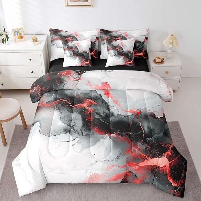 Black and Red Full Comforter Set 7-Piece Abstract Marbling Bedding Comforter Sets, Aesthetic Marble Bed in a Bag Foil Print Bedding Set, Watercolor Painting Bed Sheets Set Kids Bedroom Decor