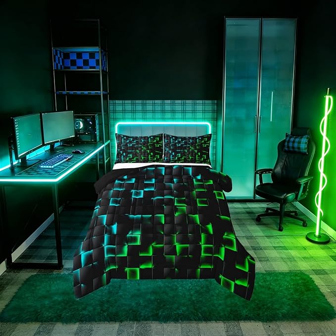 Erosebridal Geometric Checkered Boys Bedding Set Toddler Size Neon Teal Green Comforter Set for Kids Teen Men Gamer Room Decor,Abstract Ombre Plaid Comforter Grids Quilt Duvet Black