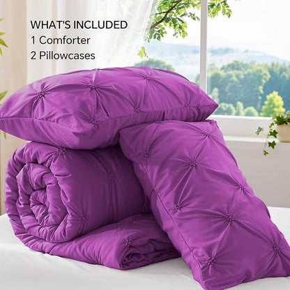 BEDELITE Purple King Size Comforter Set - 3 Pieces Boho Pintuck Bedding Comforter Sets, Lightweight Soft & Warm King Bedding Set with 2 Pillowcases for All Season