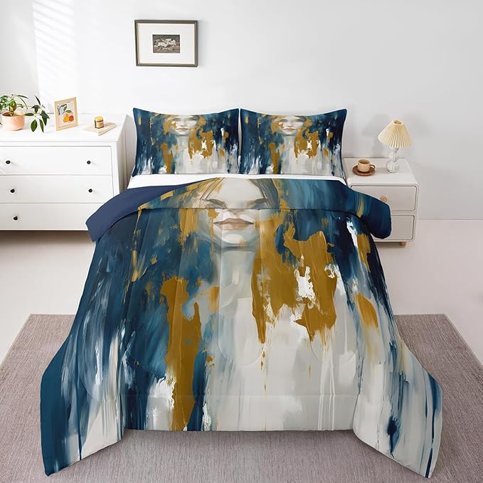 Erosebridal Aesthetic Ombre Comforter Full Abstract Girl Bedding Set, Navy Blue Yellow White Down Comforter Mid Century Oil Painting Bed Set, Watercolor Gradient Quilted Duvet Luxury