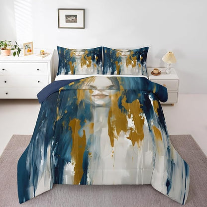 Erosebridal Aesthetic Ombre Comforter Full Abstract Girl Bedding Set, Navy Blue Yellow White Down Comforter Mid Century Oil Painting Bed Set, Watercolor Gradient Quilted Duvet Luxury