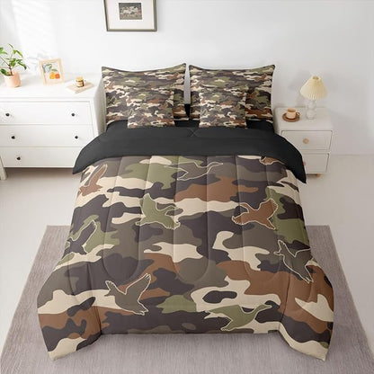 Erosebridal 3D Duck 7 Piece Bedding Set King Camo Camouflage Comforter Set with Sheets Green Dark Wildlife Bed in a Bag Flying Animals Hunting Bed Sets Comforter