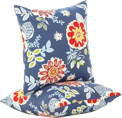 JMGBird Weather-Resistant Outdoor Pillows Set of 2, 18x18 inch Durable Red Flowers Blue Background Throw Pillows with Inserts for Patio Furniture