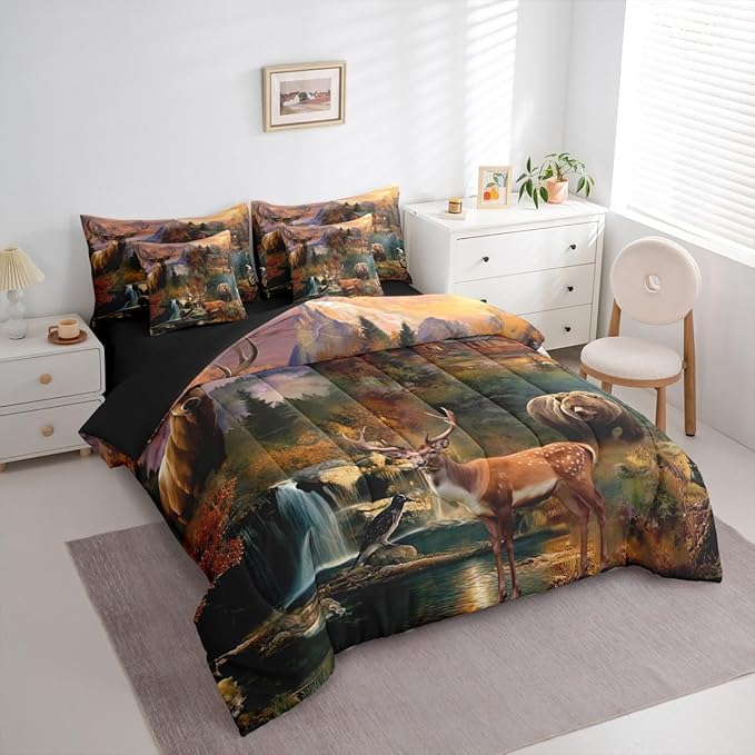Erosebridal 7 Pieces Deer Bear Hunting Comforter Set Rustic Cabin Lodge Bedding Set Queen Size for Kids Teens Adults Country Farmhouse Woodland Animal Quilt Sets Antler Moose Bear Bed in A Bag