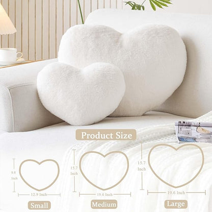 Ivory Heart Pillows, Cute Heart Decorative Pillow, Heart Shaped Throw Pillows for Bed, Faux Rabbit Fur Plush Hoom Decor Pillow Cushion for Chair Sofa Living Room (Medium-15.7"x11.8")