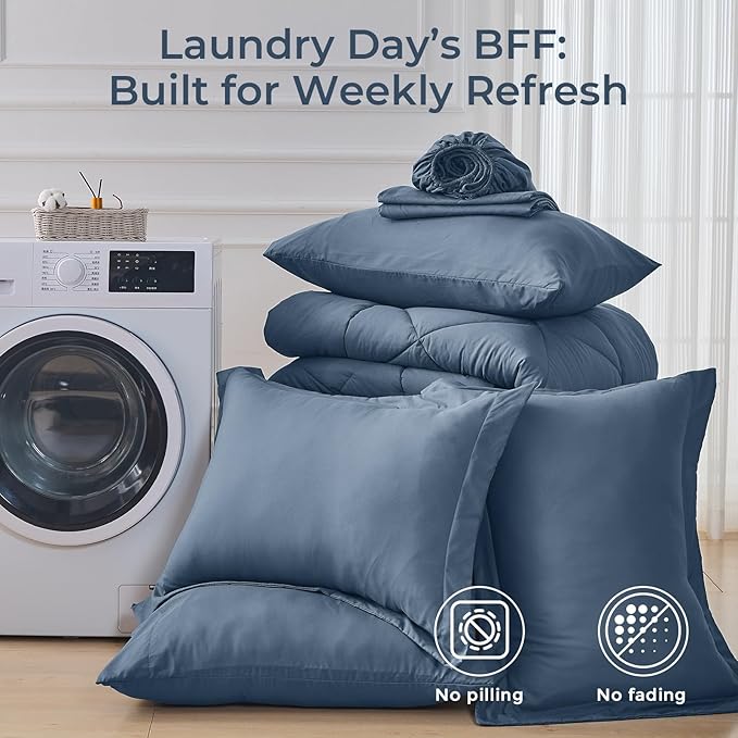 HEVUMYI Dusty Blue Cali-King Comforter Set - 7-Piece All Season Bed in a Bag Cali-King, Ultra Soft Bedding Set with Comforter, Flat Sheet, Fitted Sheet, Pillowcases, Pillow Shams