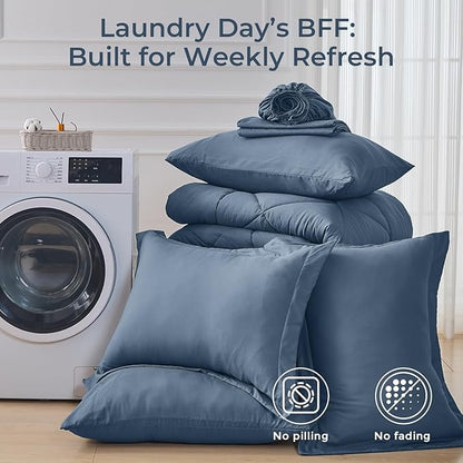 HEVUMYI Dusty Blue Cali-King Comforter Set - 7-Piece All Season Bed in a Bag Cali-King, Ultra Soft Bedding Set with Comforter, Flat Sheet, Fitted Sheet, Pillowcases, Pillow Shams