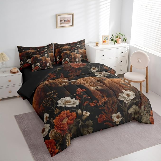 Erosebridal Brown Cattle Queen Bedding Set - Floral Highland Cow Bed in A Bag,Hippie Groovy Flowers Comforter Sets with Sheets, Vintage Floral Animal 7 Pieces Bed Set Bedroom Decor