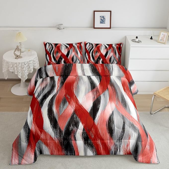 Erosebridal Geometric Stripes Comforter Full Modern Abstract Comforter Set Grey Black Red Bedding Set for Kids Boys Teen Men Swirl Lines Quilt Duvet Room Decor 3 Pcs