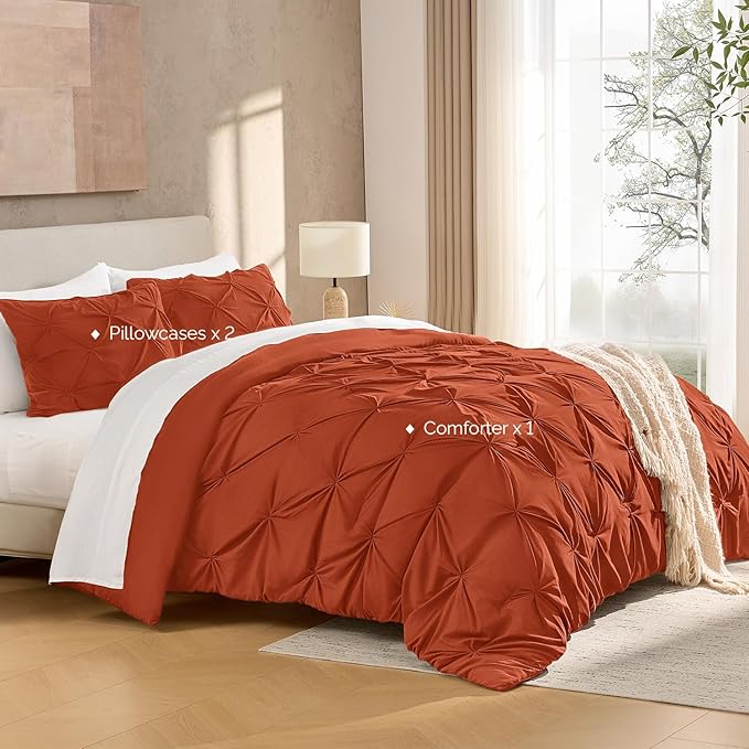 Andency Burnt Orange Terracotta King Size Comforter Set, 3 Pieces Pinch Pleat All Season Bedding Set, Soft Lightweight Microfiber Down Alternative Comforter Bed Set