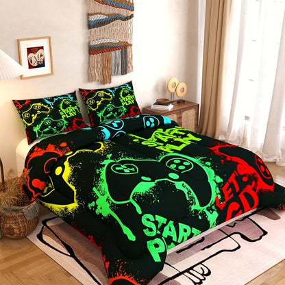 Gamer Comforter Set,Green Yellow Red Black Colorful 3D Pattern for Kids Teens Adults,Decorative Bedding Comforter Sets with 2 Pillow Shams, Queen Size