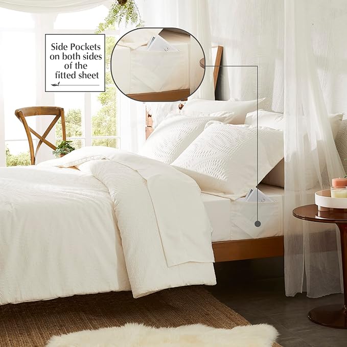 Geniospin King Size Comforter Set, Bed in a Bag Ivory White Bedding Sets 7-Pieces, Botanical Pattern, All Season Bedding with Comforter, Sheets,Pillowcase & Shams(King,102"x90")