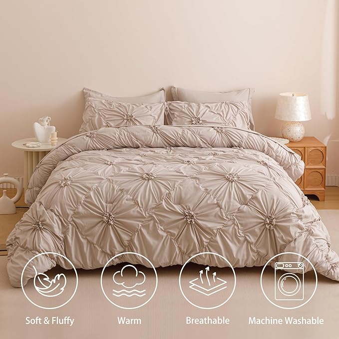 Khaki Full Comforter Set - 7 Pieces Bed in a Bag, Premium Comforters Full Size Bed Set Pintuck Pinch Pleat Complete Comforter Set with Flat Sheet, Fitted Sheet and Pillowcases,Khaki