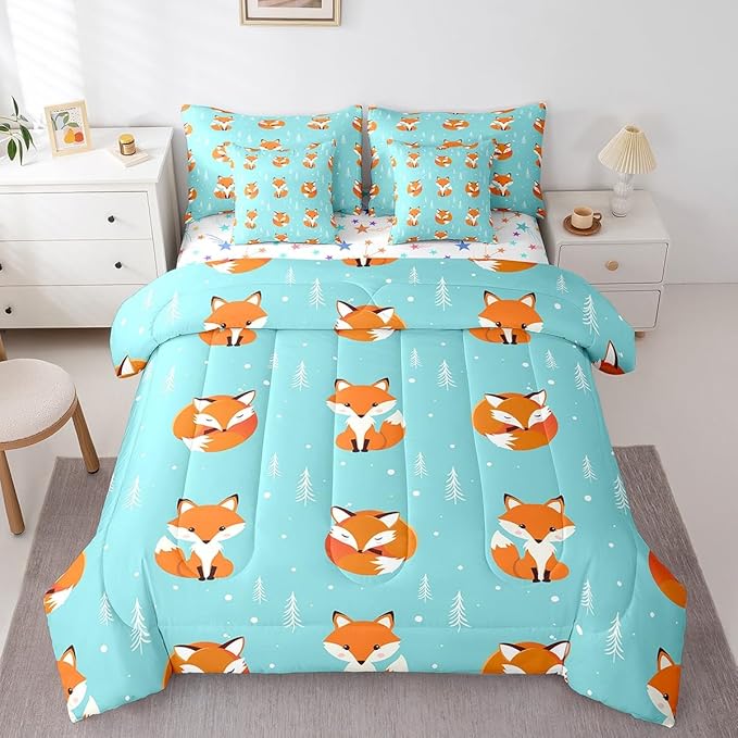 Feelyou Kids Fox Comforter Set King Size 7 Pcs Girls Cute Fox Comforter Bed in a Bag Wild Animal Bedding Set for Boys Toddler Cartoon Fox Bed Set with Sheets, Pillowcases, Pillow Covers