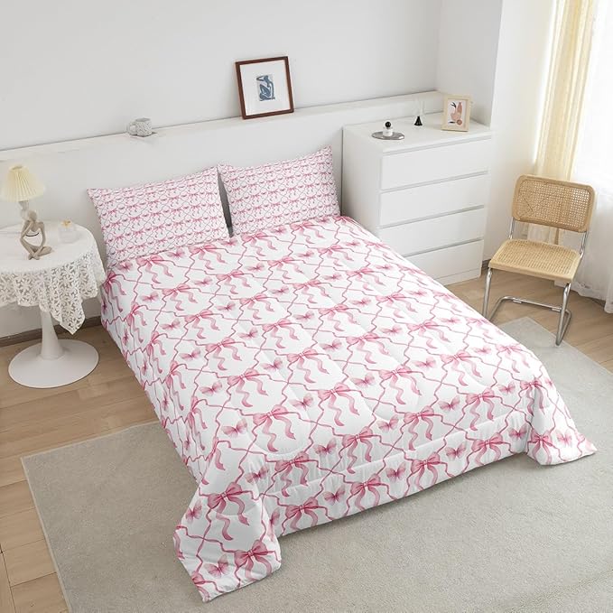 Erosebridal Pink Kawaii Bow Down Comforter Cute Butterfly King Size Bedding Set for Girls Kids Women,Pink White Bowknot Comforter Set Bow Geometric Plaid Quilt Set