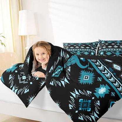 Feelyou Kids Western Decor Bedding Set Queen Size Southwestern Aztec Comforter Set for Boys Girls Ethnic Tribal Bull Skull Duvet Quilt