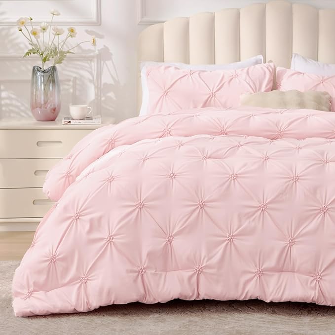 BEDELITE Baby Pink Queen Comforter Set - 3 Pieces Boho Pintuck Bedding Comforter Sets, Lightweight Soft & Warm Bed Comforter Queen with 2 Pillowcases for All Season
