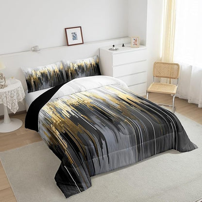 Erosebridal Black Grey Bedding Full Greyish White Painting Comforter Set, Gradient Abstract Chic Vintage Down Comforter Ombre Graffiti Bedding Comforter Sets, Contemporary Modern Duvet Insert