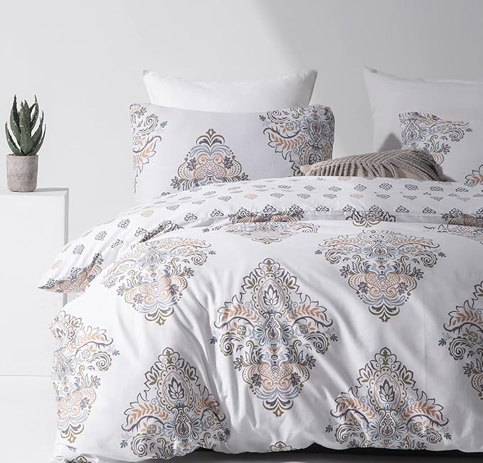 SLEEPBELLA Comforter Queen Size, 600 Thread Count Cotton Yellow & Blue Damask with Taupe Brown Reversible Pattern White Comforter Sets,Down Alternative Bedding Set 3Pcs (Queen, White Damask)