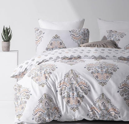 SLEEPBELLA Comforter Queen Size, 600 Thread Count Cotton Yellow & Blue Damask with Taupe Brown Reversible Pattern White Comforter Sets,Down Alternative Bedding Set 3Pcs (Queen, White Damask)
