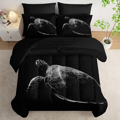 Black Sea Turtle Comforter Set,Sea Turtle Bedding Set 7 Piece in A Bag,Beach Themed Bedroom Comforter Set King Size for Kids Teen Girls Boys Room Decor Microfiber Lightweight All Season
