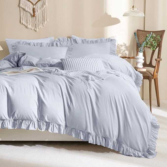 Sanracie Ruffled Bedding Comforter Sets King Size, Cotton Comforters Set 3Pcs for All Season Cornflower Blue Shabby Boho Chic Bedding French Country Farmhouse Rustic Aesthetic Bedroom Sets