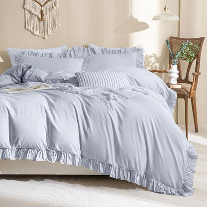 Sanracie Ruffled Bedding Comforter Sets King Size, Cotton Comforters Set 3Pcs for All Season Cornflower Blue Shabby Boho Chic Bedding French Country Farmhouse Rustic Aesthetic Bedroom Sets