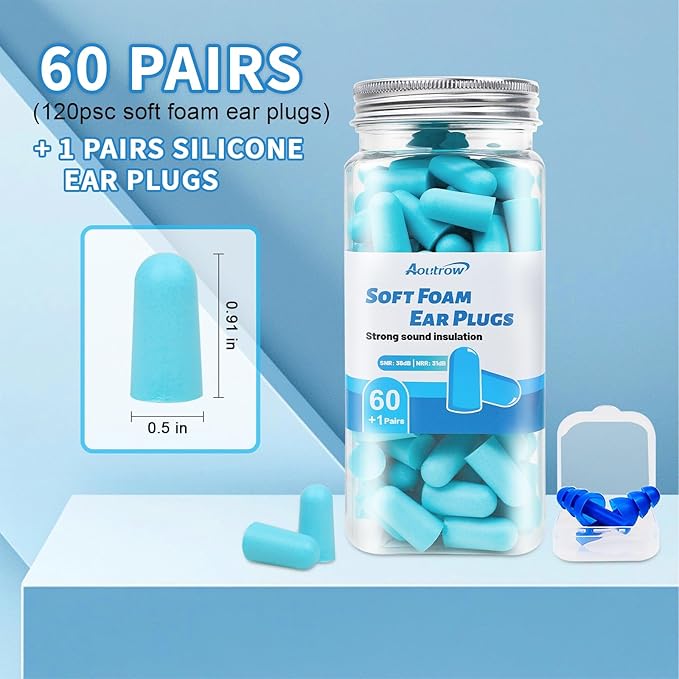 60 Pairs Soft Foam Ear Plugs, 38dB SNR Slow Rebound Ear Plugs for Sleeping Noise Cancelling, Noise Reduction, Work, Swimming, Shooting, Studying, Blue