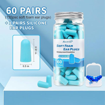 60 Pairs Soft Foam Ear Plugs, 38dB SNR Slow Rebound Ear Plugs for Sleeping Noise Cancelling, Noise Reduction, Work, Swimming, Shooting, Studying, Blue