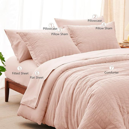 CozyLux Queen Comforter Set Blush Pink Seersucker 7 Pieces Bed in a Bag Queen Comforter Set with Sheets, Luxury Soft Bedding Set with Down Alternative Comforter, Sheets, Pillowcases & Shams All Season