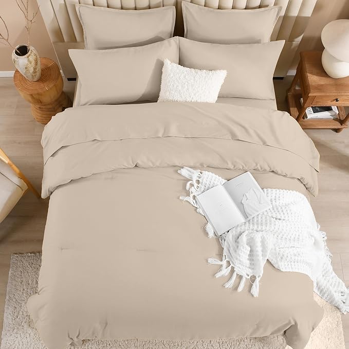 Litanika Comforter Full Size Set Khaki - 7 Pieces Bed in a Bag Full Bedding Comforter Sets, Plain Lightweight Bed Set with Comforter, Sheets, Pillowcases & Shams