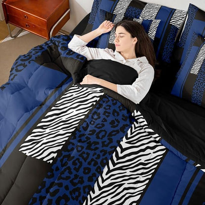 Erosebridal Leopard Print Stripes Blue Black Comforter Set Queen Size 7 Pieces | Geometric Bed in A Bag Zebra Cheetah Wild Animal Skin Bed Set Women Men Adults Bedding