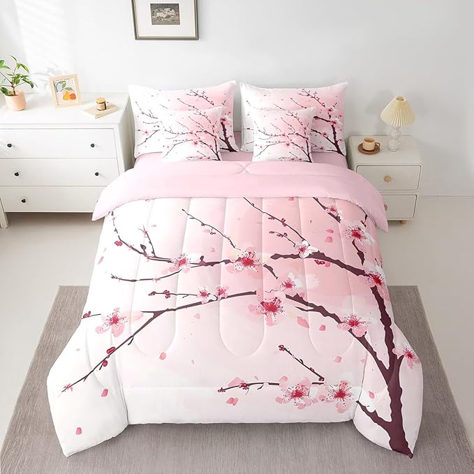 Feelyou Cherry Blossom Comforter Set King Size 7 Pcs Girls Sakura Floral Comforter Bed in a Bag Japanese Style Flower Bedding Set for Women Pink White Bed Set with Sheets, Pillowcases, Pillow Covers