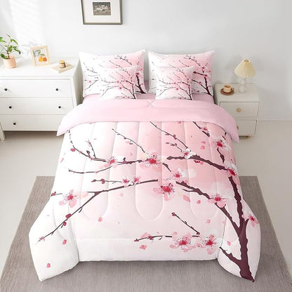 Feelyou Cherry Blossom Comforter Set Full Size 7 Pcs Girls Sakura Floral Comforter Bed in a Bag Japanese Style Flower Bedding Set for Women Pink White Bed Set with Sheets, Pillowcases, Pillow Covers