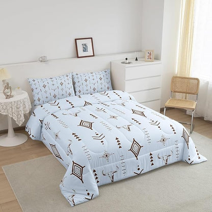 Feelyou Bull Skull Western Bedding Set Twin Size Ethnic Horns Boho Comforter Kids Adult Tribal Symbol Mysterious Aztec Comforter Set Soft Microfiber