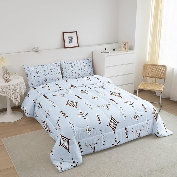 Feelyou Bull Skull Western Bedding Set King Size Ethnic Horns Boho Comforter Kids Adult Tribal Symbol Mysterious Aztec Comforter Set Soft Microfiber