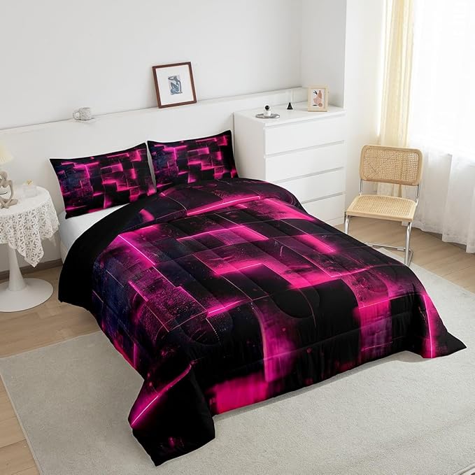 Hot Pink Black Bedding Queen 3D Glowing Buffalo Queen Comforter Set Modern Abstract Art Bedding Comforter Sets Geometric Plaid Duvet Insert, Gradient Futuristic Cubes Down Comforter (Black Reversible)
